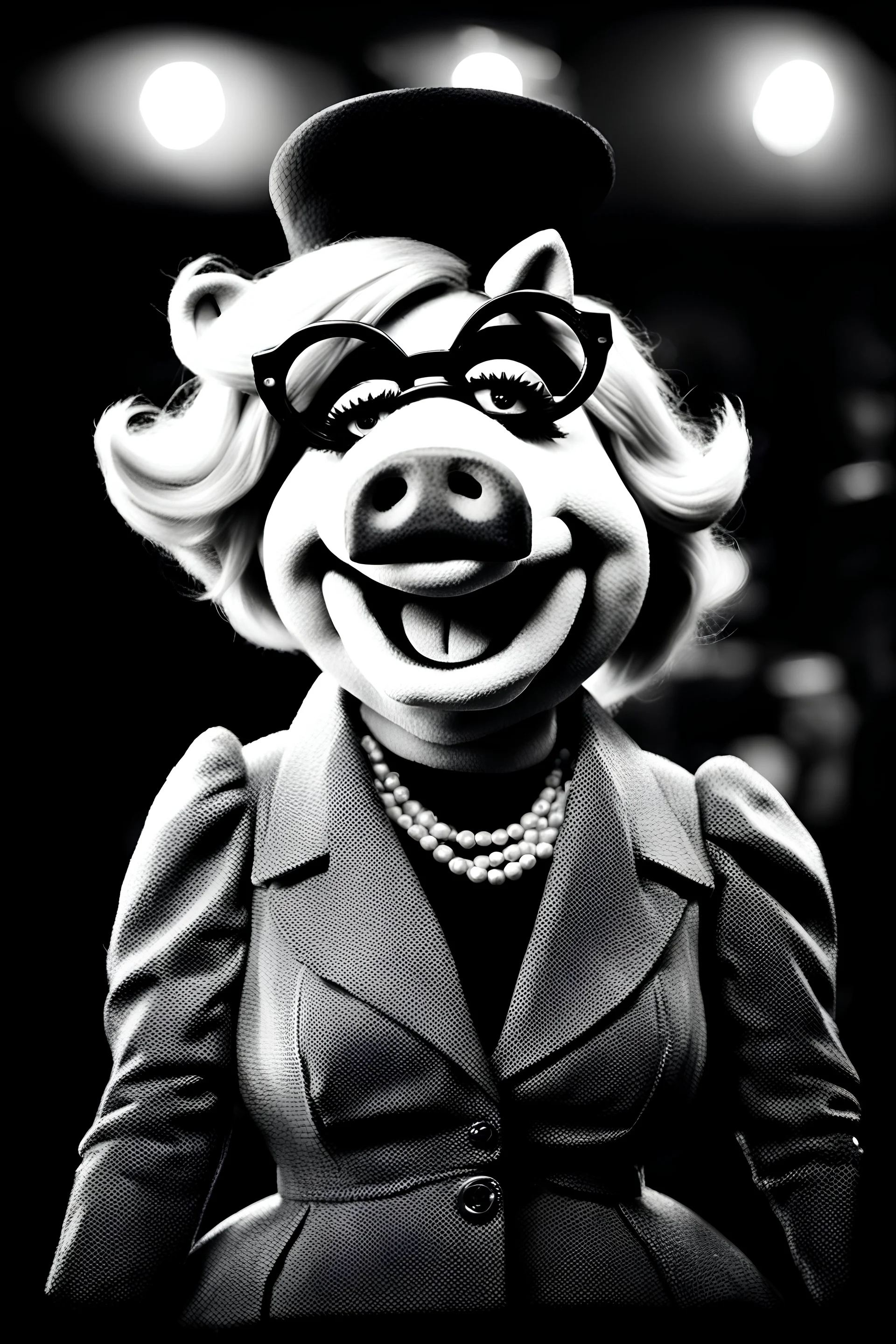 Miss piggy photorealism, modern over exaggerated, burlesque, absurdist high brow art, in the style of 90s , jim hensen , puppet portrait, surreal photography, vectorized, rotoscoping, dust overlay, black and white analog film, highbrow uncanny, very detailed, 35 mm, camera obscure