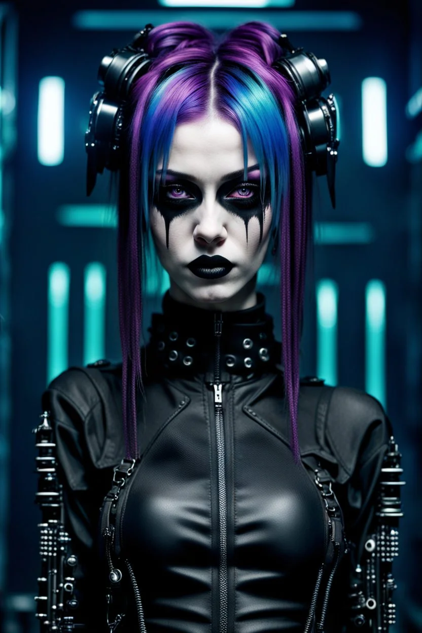 cyber-goth woman in black makeup, full cyber-goth clothes with matrix style, utopistic scifi, dark colors, fashion, random background, high detailed, high realistic