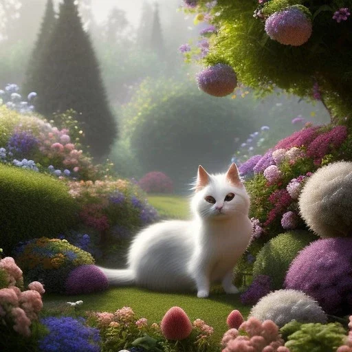 pixar style, volumetric summer garden environment and background, volumetric lighting, dramatic lighting, realistic painting of an cat, looking excited, detailed digital painting, extreme dense and fine fur, anime, ornate, colour-washed colors, elegant, small minutiae, tiny features, particulars, centered, smooth, sharp focus, renderman gofur render, 8k, uhd, detailed eyes, realistic shaded volumetric lighting, sunlight caustics, backlight, centered camera view