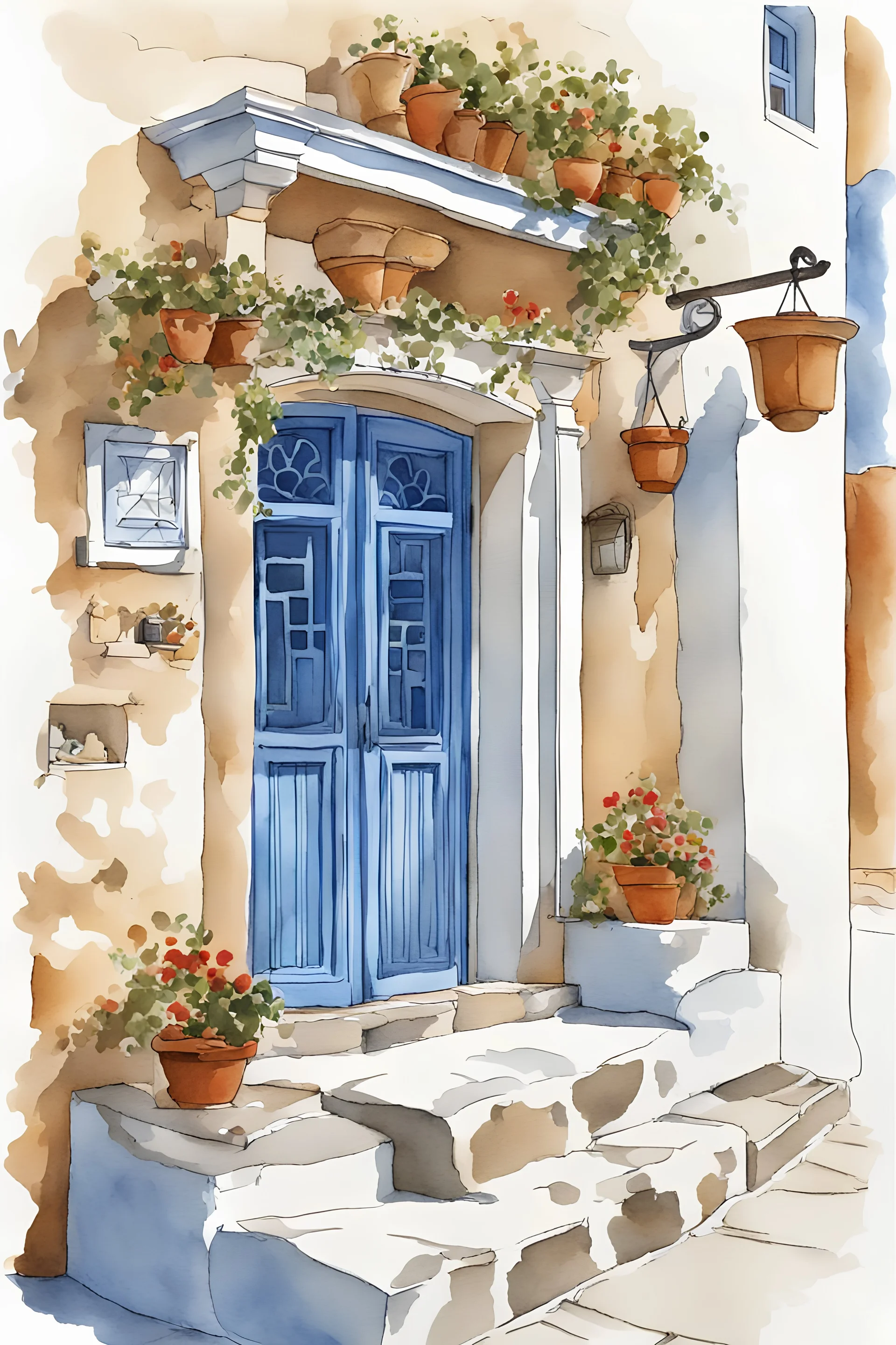 An entrance of a Greek taverna in Santorini. Watercolor art with ink outline, white bleed around image