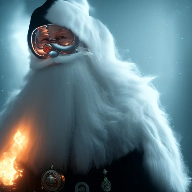 All Black Santa, ghost, wearing high tech mask, white smoke, dark, rage, high definition, ultra 8 k, volumetric lighting, blue fire,