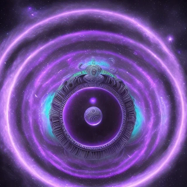 deep dark Black sun with Galactic serpent spiral, Elemental God of power horoscope, Great Huge Violet fluorescent gate surrounding earth, wavering reflective pools of purple bright stars spiraling small comets in space,