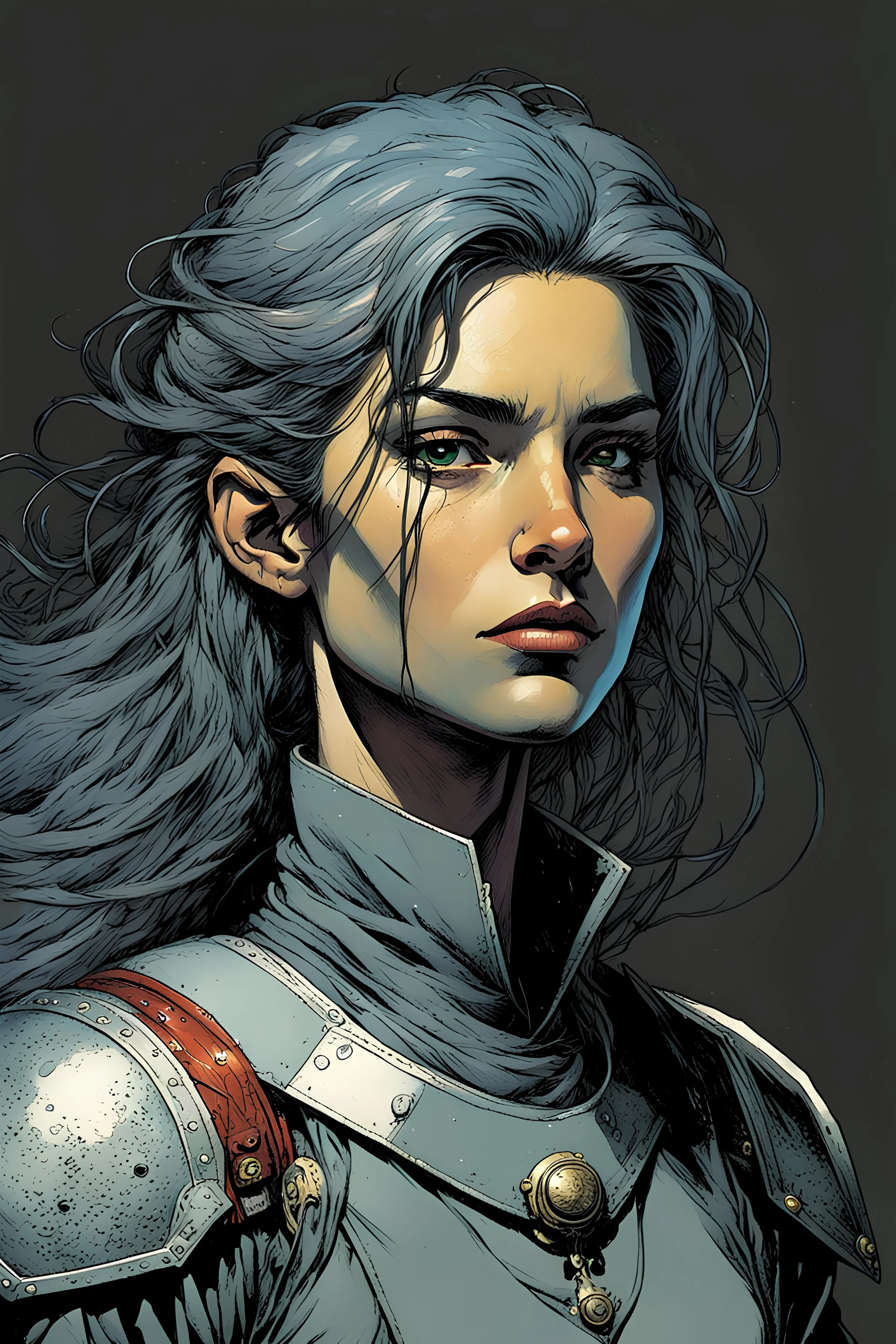 create a young female Grey Mouser, Ill met in lankhmar in the comic book art style of Mike Mignola, Bill Sienkiewicz and Jean Giraud Moebius, , highly detailed facial features, grainy, gritty textures, foreboding, dramatic otherworldly and ethereal lighting