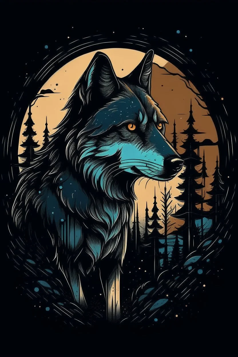 Design an AI logo for a Halloween-themed T-shirt featuring a wolf in the moonlight. Portray the wolf with an eerie glow in its eyes, lurking in a dark forest under the luminous moon. Infuse a sense of spookiness and intrigue, capturing the essence of a Halloween night.