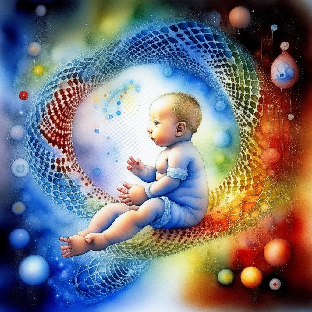 Quantum Serenity: A watercolor depiction of the conception of a baby, illustrating the interplay of microscopic quantum particles and DNA at the molecular level, embodying calmness in action.”