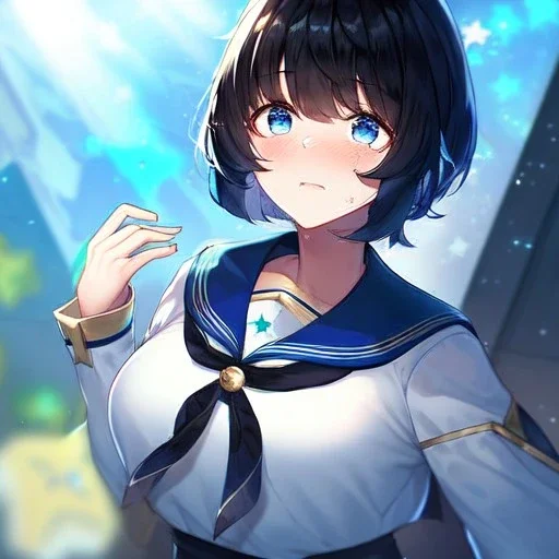 Clear focus,High resolution, Black short fluffy hair, and blue eyes, wearing a sailor uiform, on a deserted island, crying, Star magic