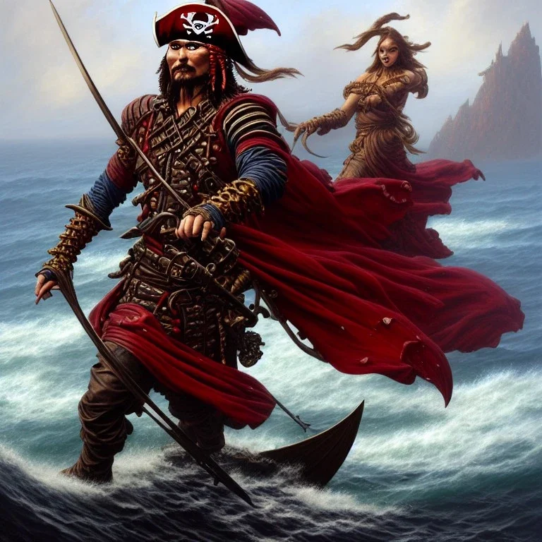 a pirate warrior in dark red armor, on his ship, a highly detailed illustration, background of giant crashing ocean waves, realistic render, 8 k, micro detail, intricate, elegant, centered, digital painting, Artstation, smooth, sharp focus, illustration, artgerm, tomasz alen kopera, peter mohrbacher, donato giancola, joseph christian leyendecker, wlop, boris vallejo