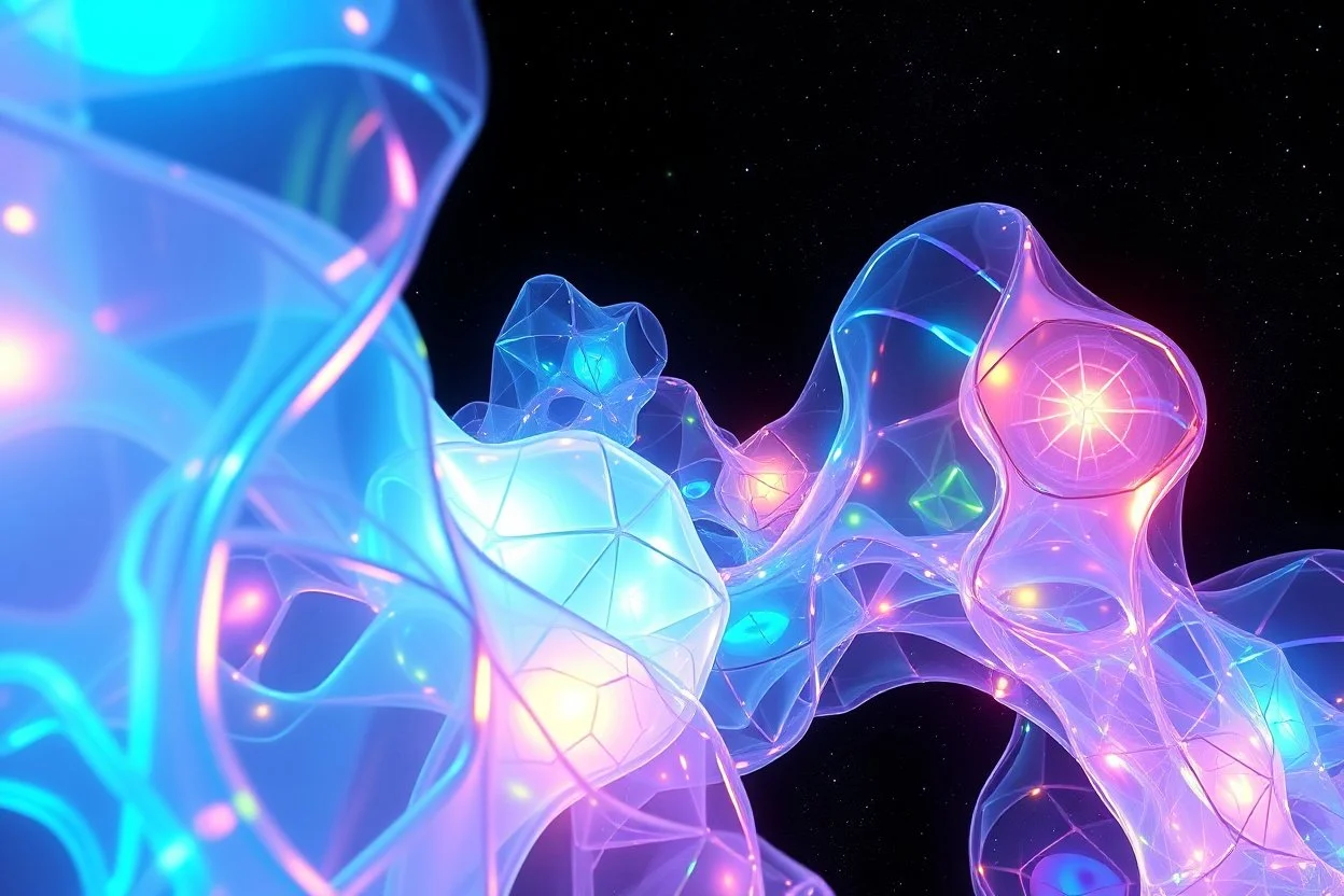 give a blender 5.2 lst code to create A hypnotic loop of colored translucent 3D complex structures evolving and morphing, fluid geometry shifting between organic and geometric forms, iridescent glass material with internal glow,instances must have random translucent matrial smooth camera orbit, galaxy background, seamless motion, cinematic lighting, generative art style, 4k.do with geo nodes zoom out to show whole image
