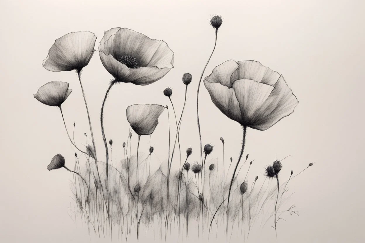 Minimalist ink pencil and charcoal drawing of poppies
