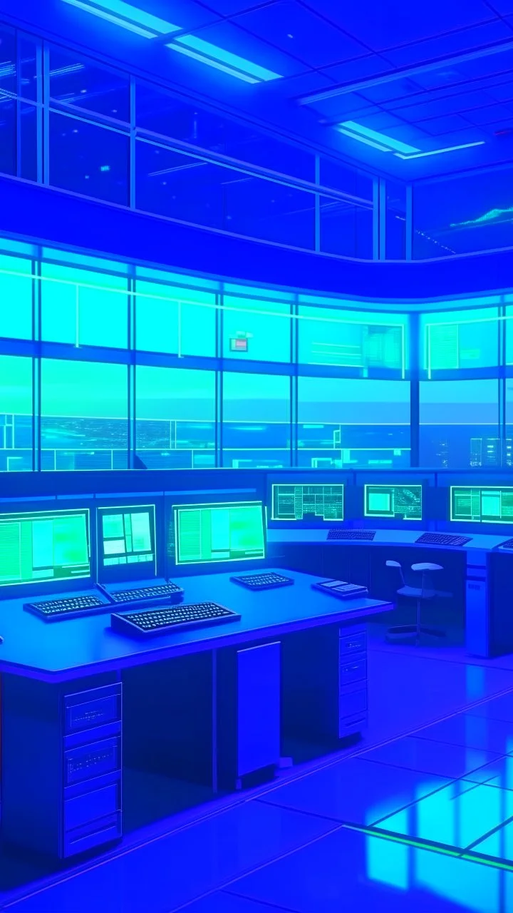 Realistic technology art style of a control centre of the FAA tower with many monitors screens computers and mini lights