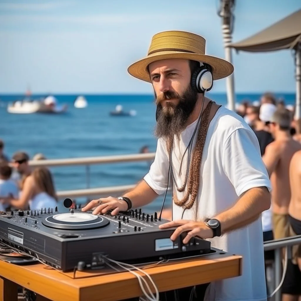 A short brown beard DJ with a hat on his head, sing at microphone, many electronic consoles around, seaside, FRONT VIEW