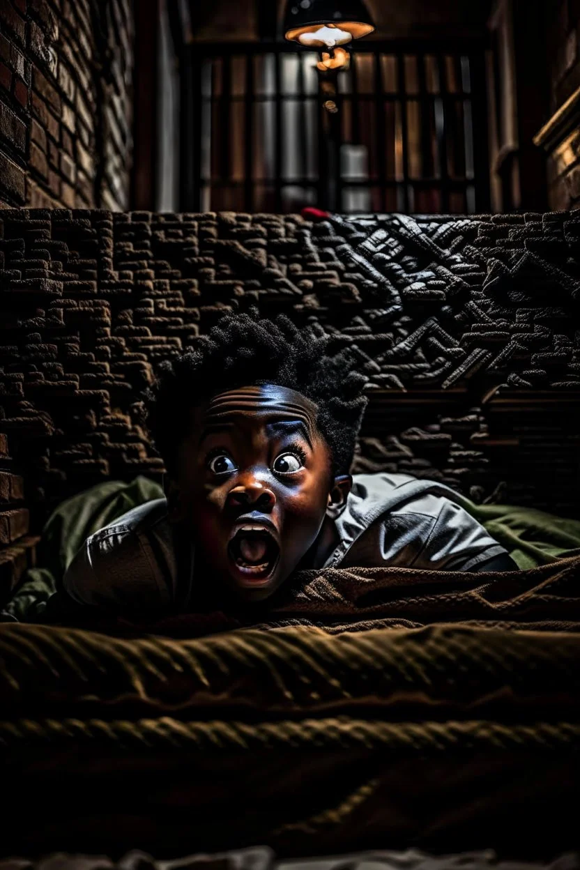 A scared black child lurking scarely over the edge of his bed. His bed is balanced on bricks at all four corners, under the bed is a small, mischievous spirit