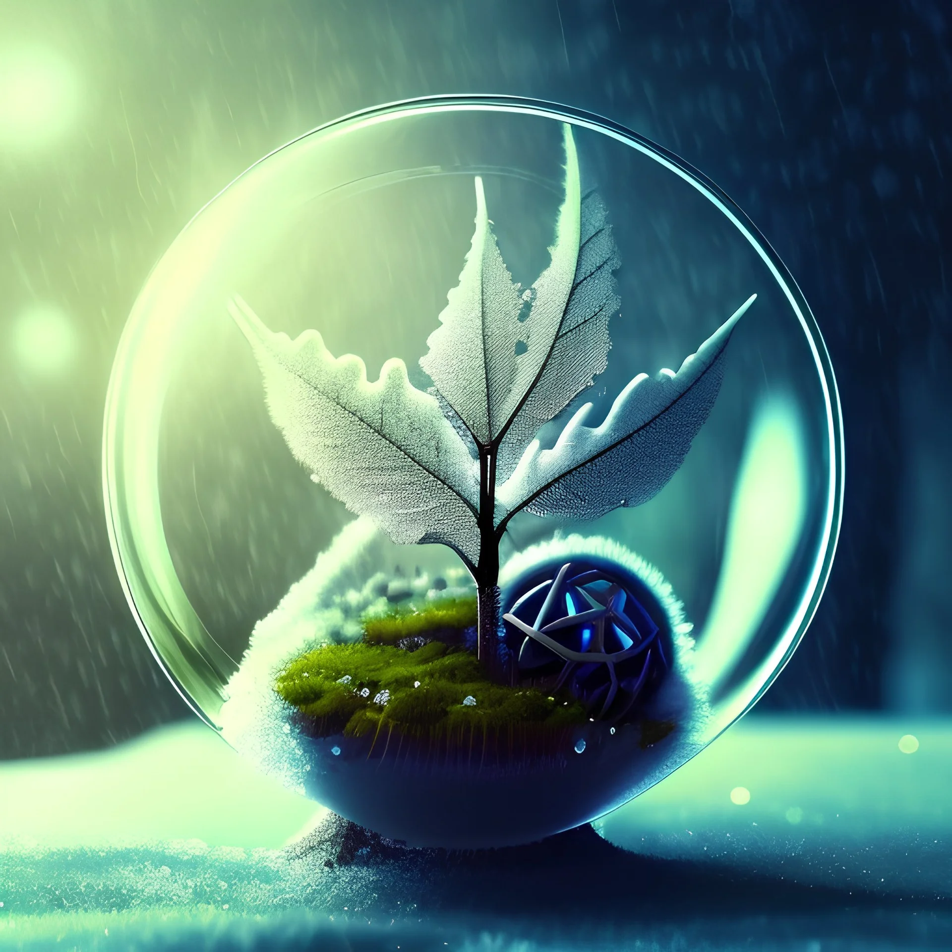 dystopian cyberpunk terrarium in a rain drop on an oak leaf, moonlit, winter, frost