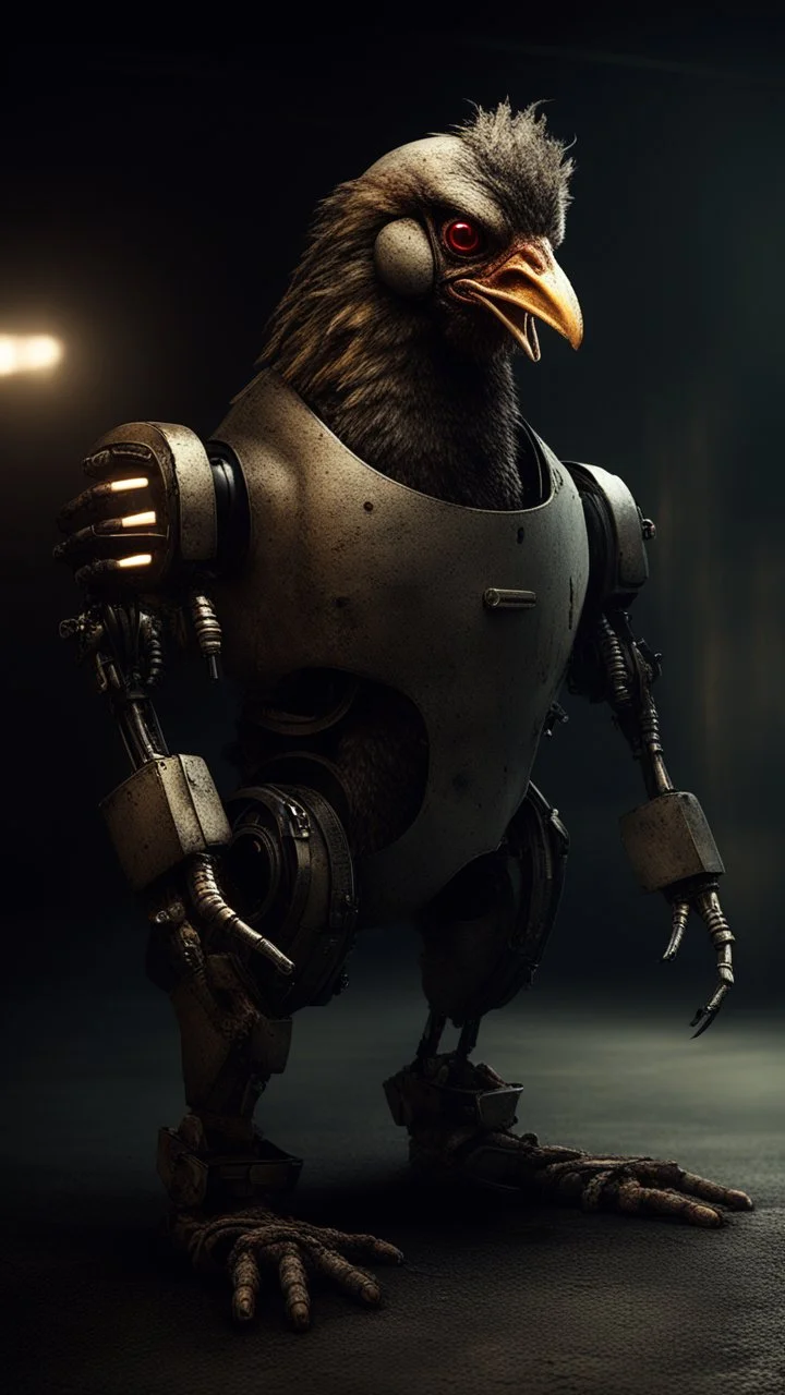 chicken monster robot with eerie lighting and a haunting atmosphere , photo / ultra realistic cinematic