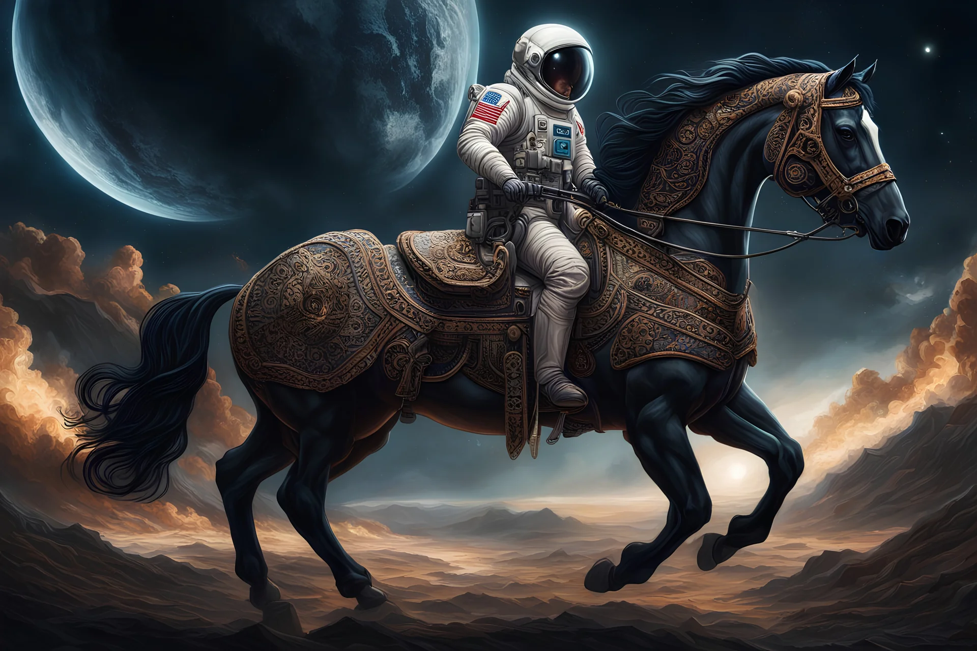 in profile the (the Create an extremely dynamic scene depicting an astronaut riding an anatomical horse and decorate everything with exquisite patterns that will be remembered forever:1.1) portrait, symmetrical artistic sharp art, dan mumford style, hdr, realism, dark fantasy atmosphere, lovecraft style, intricate details, lovecraft atmosphere, hyperdetalization, extreme detail, ultra detail, masterpiece, best drawing (by dan mumford:1.5)