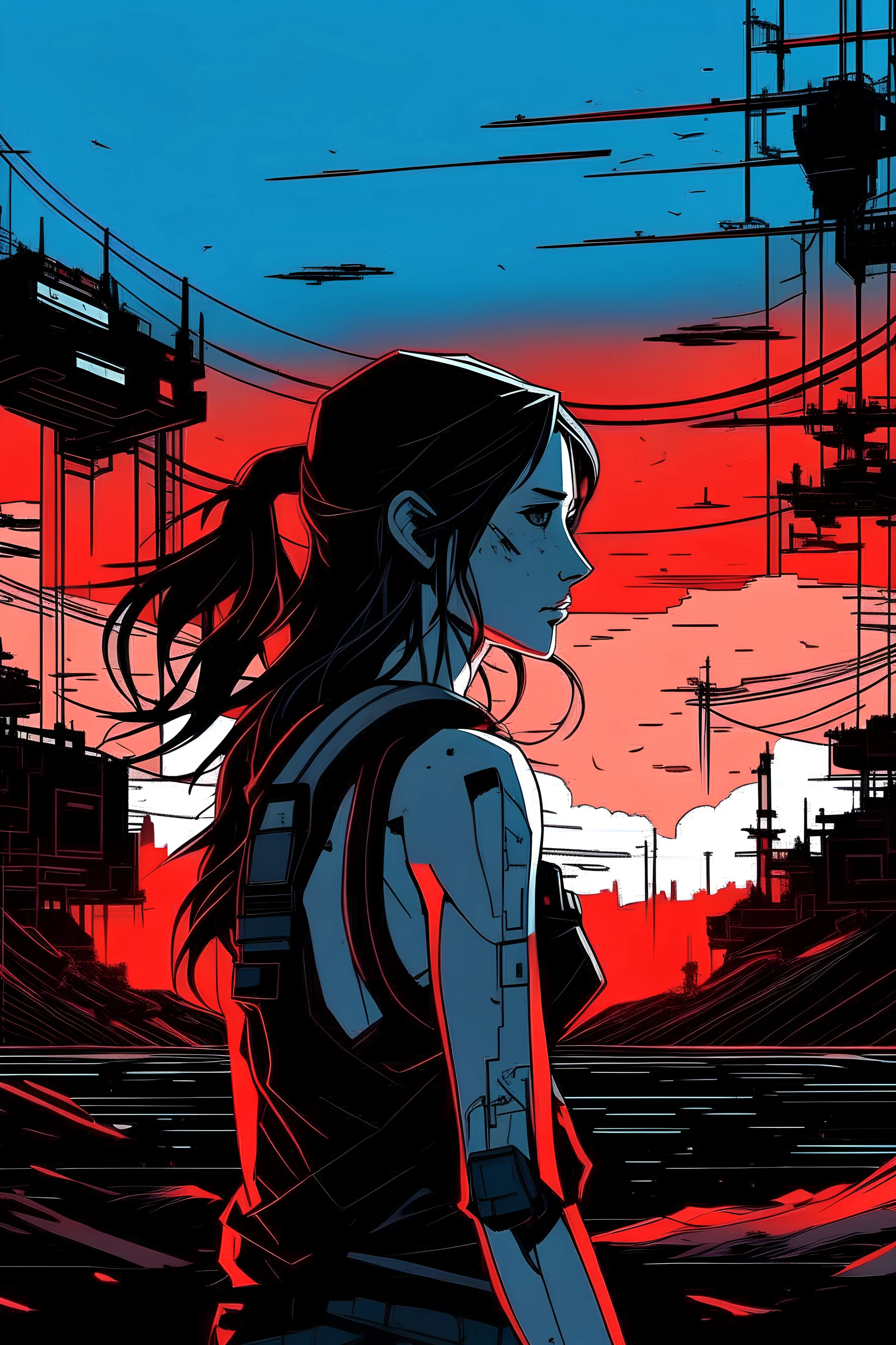 Dark outline line art anime style of a silhouette of a cyberpunk-inspired woman standing in front of a landscape shot of an active war zone with distant explosions, light black and red long hair, light blue eyes, short red and white tank top, (looking intently at viewer), (viewer from low ground level view with focus on eyes), (inspired by Cyberpunk mixed with Fate: Grand Order), (vibrant colors with dark outlines and shadows), (explosions and smoke in synthwave background), (giant planet in far