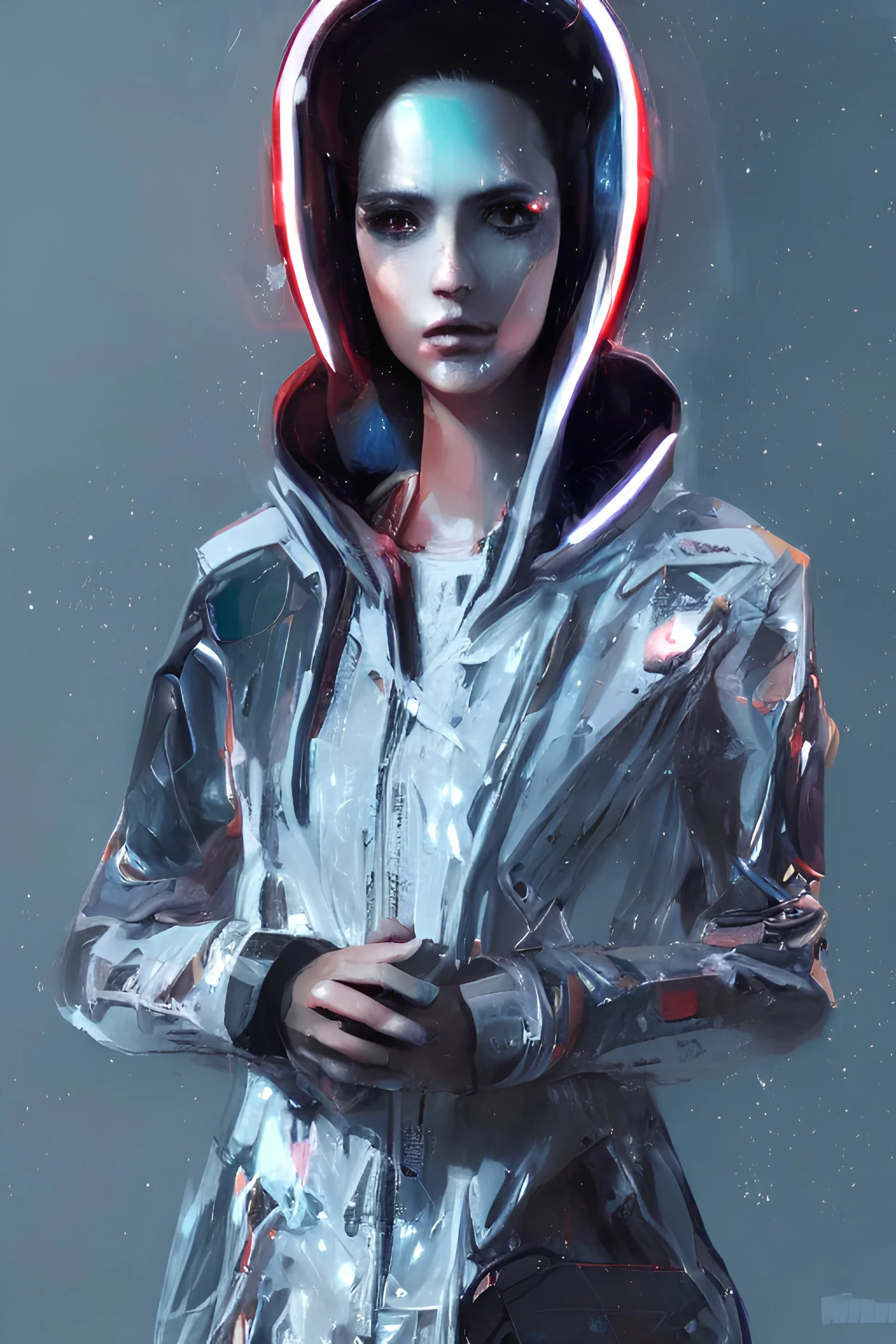 detailed portrait European Pretty Luxury Girl cyberpunk futuristic neotokyo bright Reflective jacket coat, Futuristic sci-fi fashion, royal attire by ismail inceoglu dragan bibin hans thoma greg rutkowski Alexandros Pyromallis Nekro Rene Margitte illustrated Perfect face, fine details, realistic shaded, fine-face, pretty face