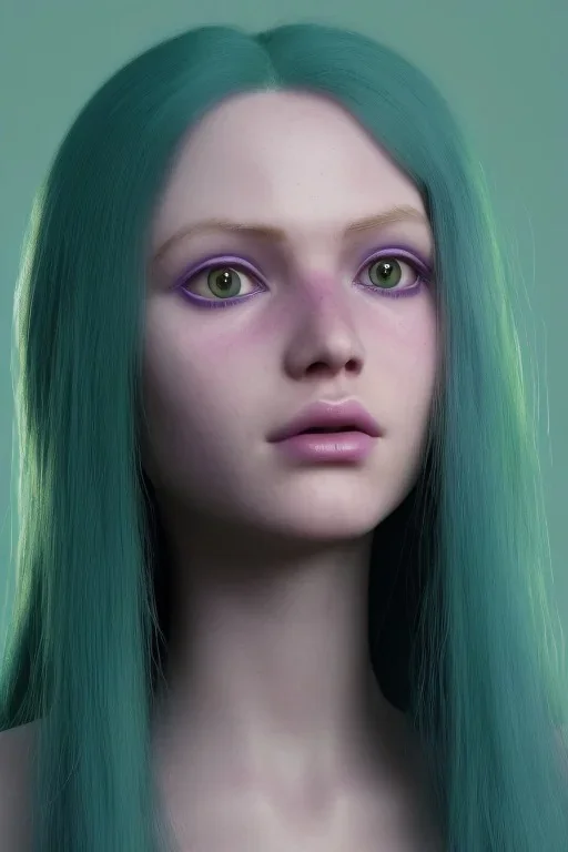 long purple haired human girl with bright green eyes