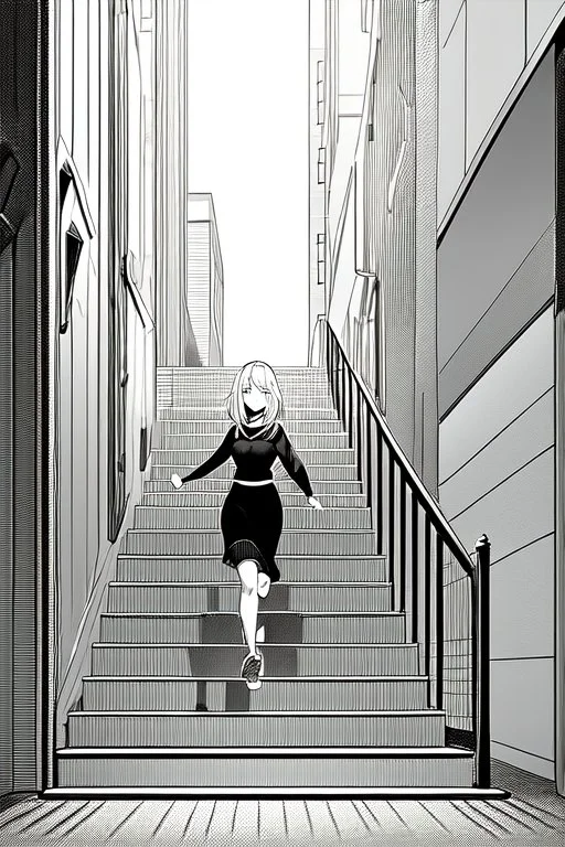 girl runs on the stairs, greyscale