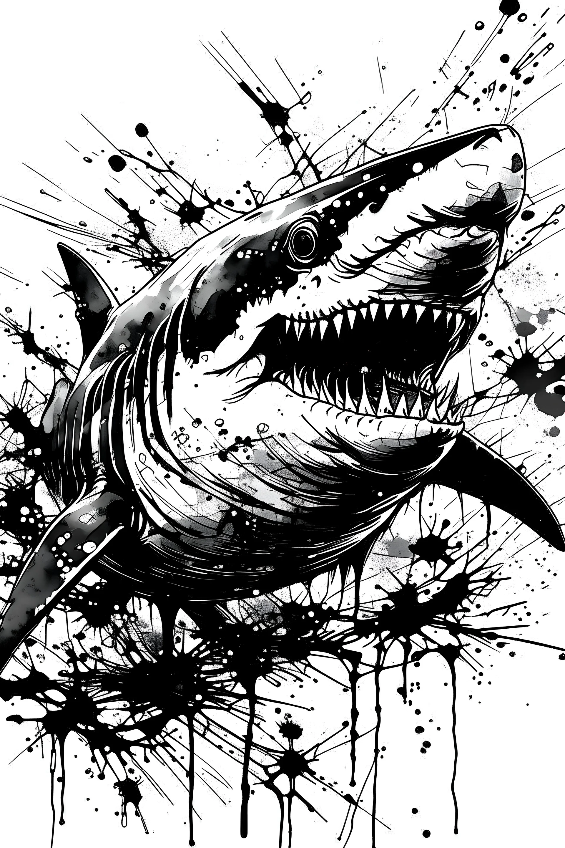 In an art naive style but realistic painterly black and white ink creation do me a shark. Created with ink splashes and blends. No hard lines