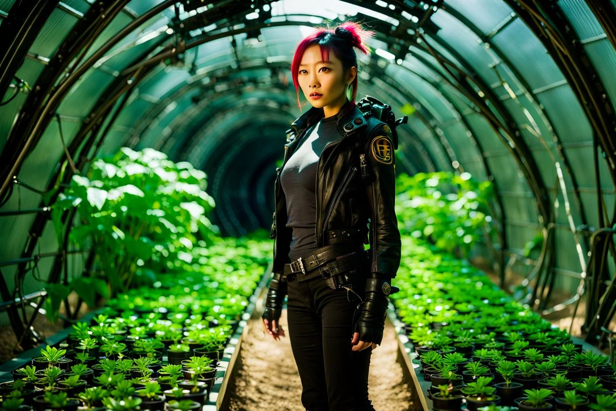 Unground solar punk tunnels, cinematic, dof background a, dystopian, sci-fi, award winning, Yui in a garden, National Geographic, breath taking, oxygen farm but outside is a desert