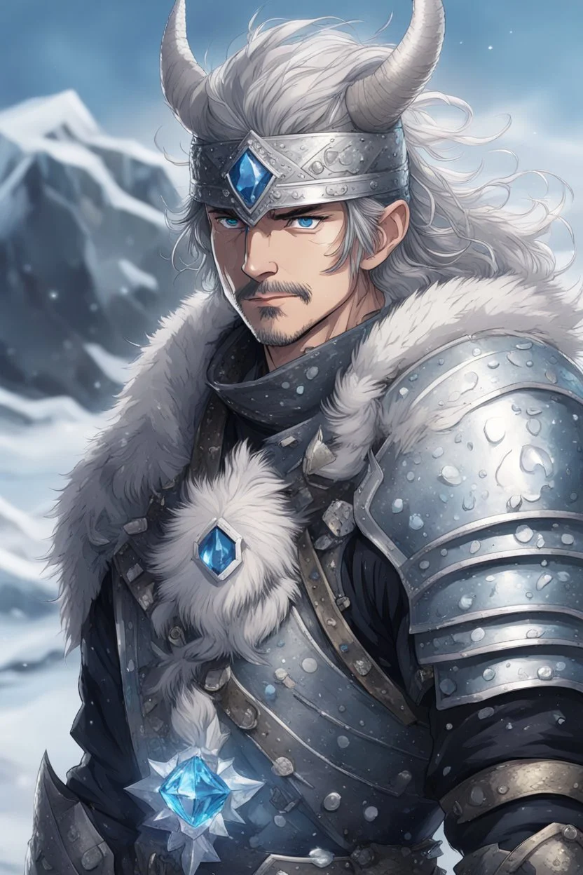 in anime style,1older man, a older man with blue eyes and black hair man in silver Viking armor with fur around the neck with blue crystal on his chest holding an axe in his hands standing on a pirate ship in the artic, warrior in anime style,