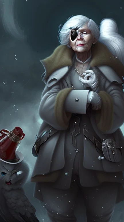 An old woman with white hair and an eye patch