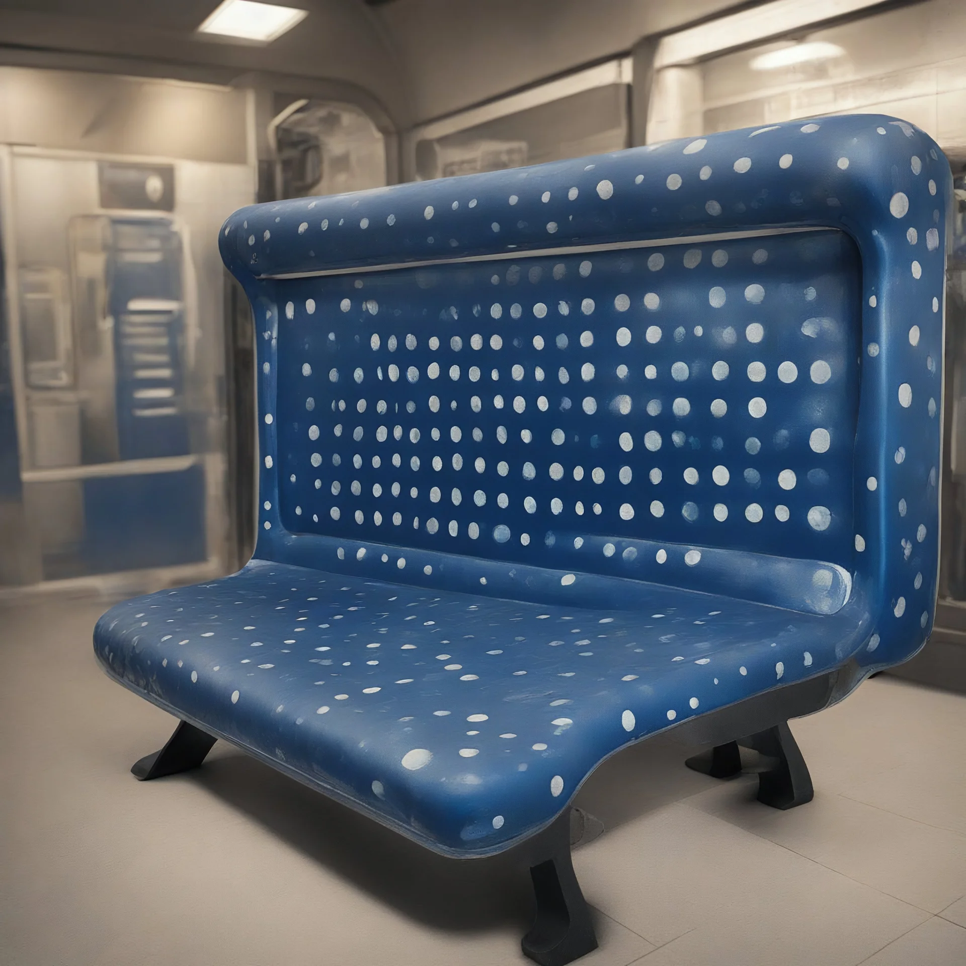 Un siege de métro peint entièrement en bleu marine, avec des pois turquoise réguliers