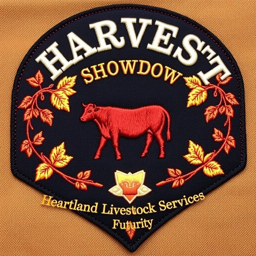 an autumn colored textured cloth embroidered ornamental leaves and cattle, pointed bottom, on dark background, embroidered text across top "HARVEST SHOWDOWN" block text, below is more embroidered text "Heartland Livestock Services Futurity Heifer Show", Canadian western cowboy style