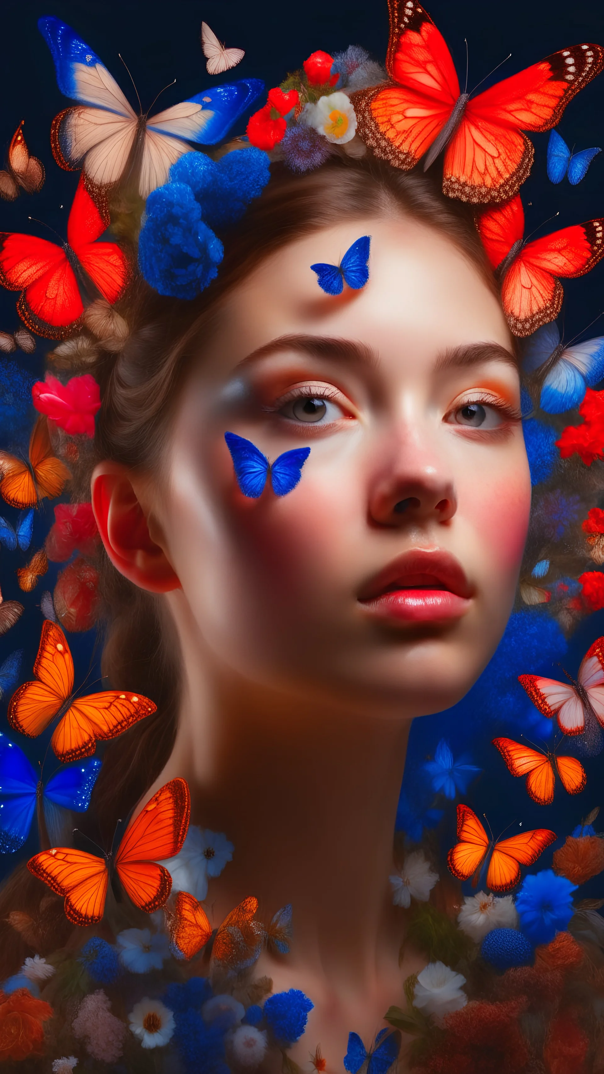 a woman with porcelain skin, surrounded by delicate porcelain flowers and butterflies evoking a sense of ethereal beauty, perfect composition, Insanely detailed, Hyperrealistic, splash art, concept art, mid shot, intricately detailed, color depth, dramatic, 2/3 face angle, side light, colorful background