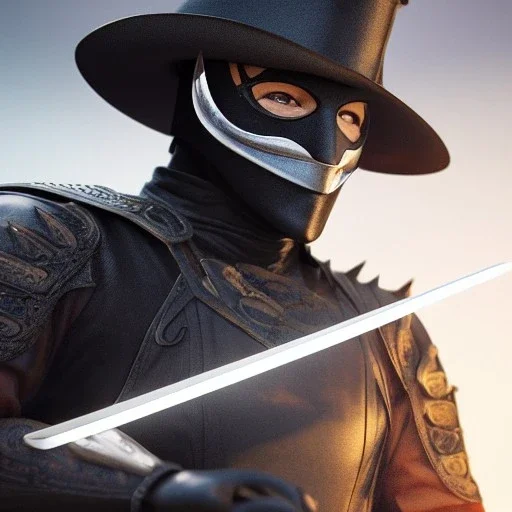 zorro wearing a black mask and holding a sword, illumination, brilliant coloring, smooth, sharp focus, crispy quality, vray; Artstation; HD, HDR, SF, CGSociety, 16k, photorealistic, unreal engine