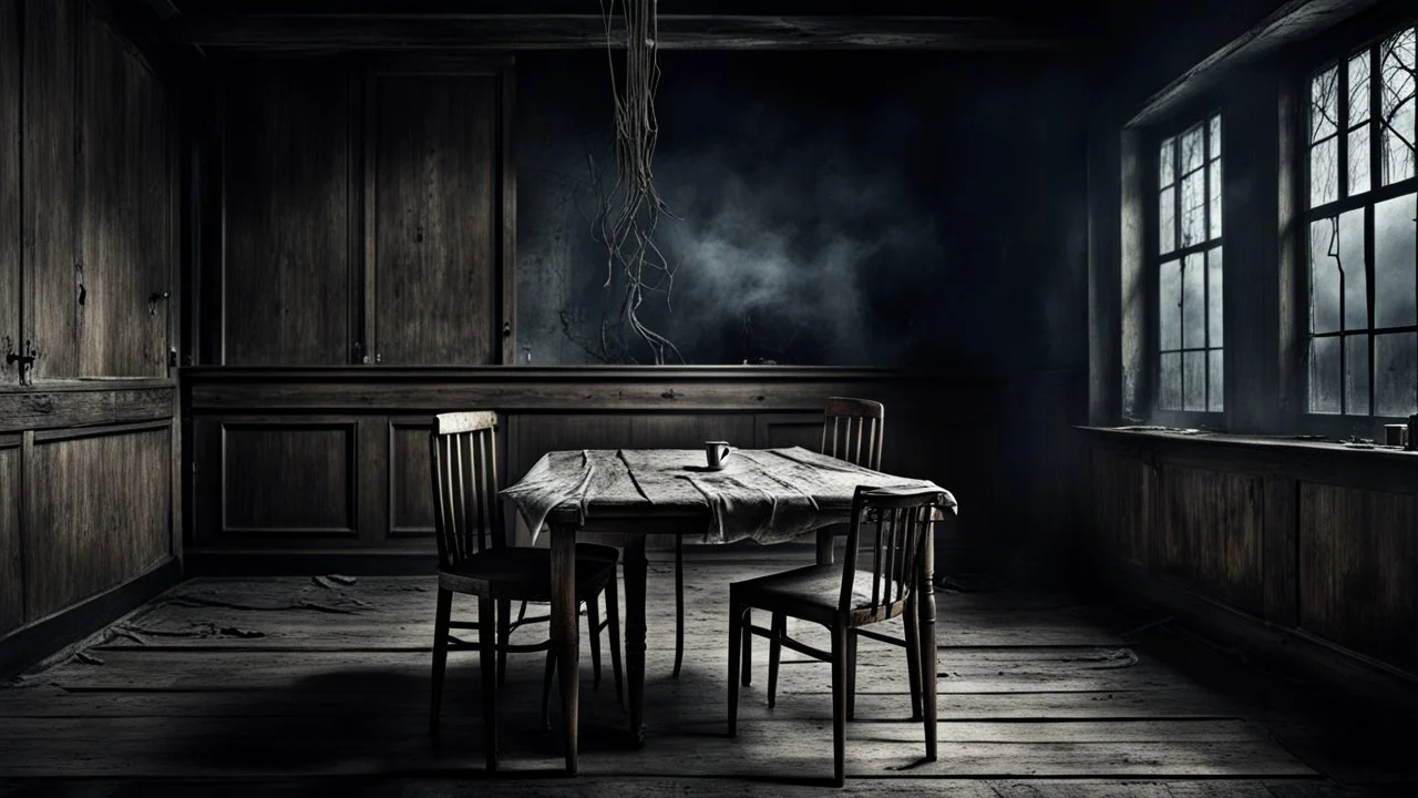 Bizarre dark surrealism, psychological thriller atmosphere. An crepy empty room without windows and doors just one table wit one chair. close up the camera a single gaunt human-like thin figure with pale skin, tightly sewn-shut mouth with black thread stitches across the lips and large sunken lifeless eyes sits alone on one old wooden chair at a big dining table. The table is overflowing with untouched colorful food: roasted meats, pasta, pizza, soup, cakes, fruit, bread and wine. surreal
