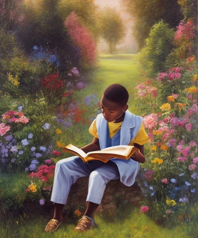 Abstract painting wealthy young african American boy reading in garden