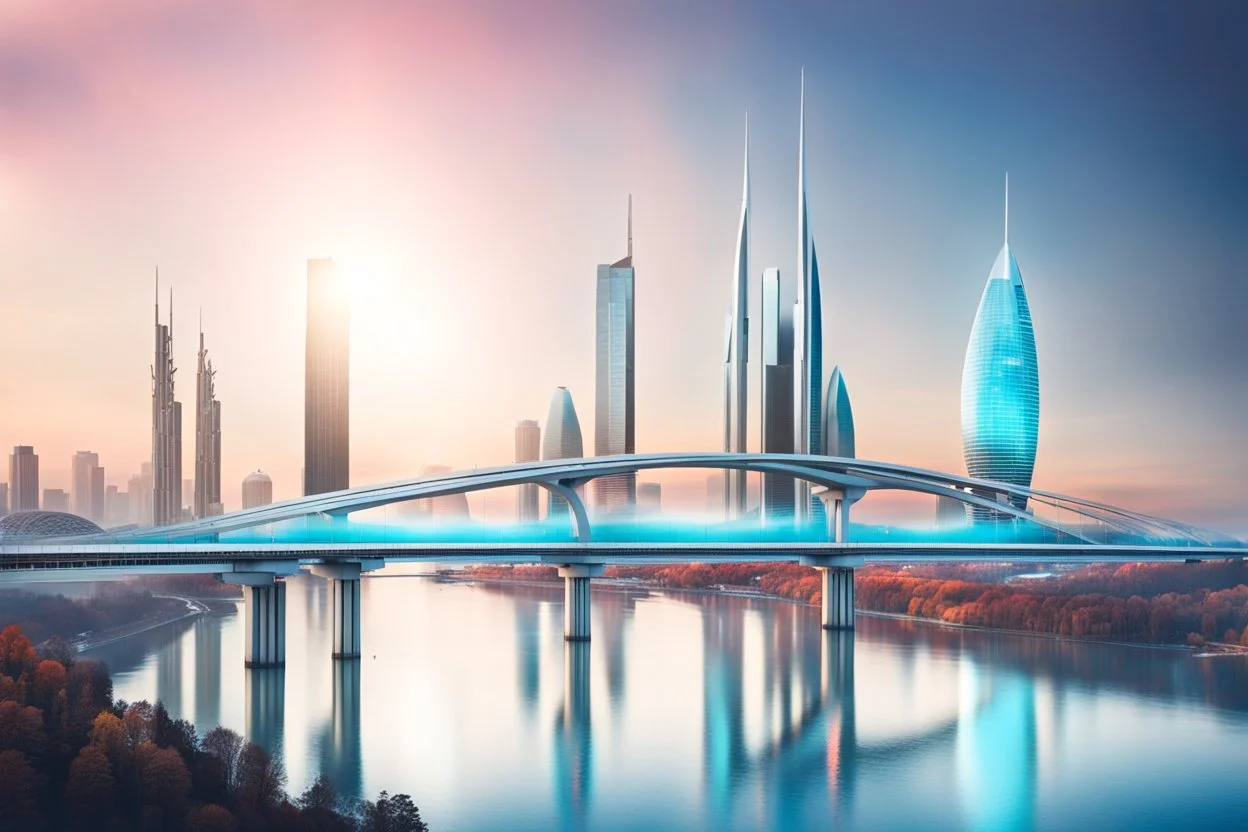 Dreamlike Skyline of Downtown futuristic hightech city in 4050 and a stunning futuristic Bridge During Sunlight with dark grey clouds in sky, over the azur-silver color river, cold colors, come storm, high detalied, sci-fi, landscape