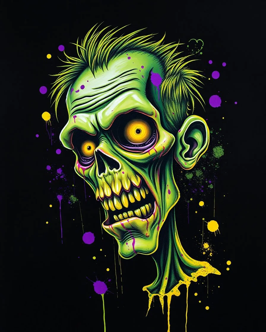 Airbrushed caricature of a horrific zombie, neon green and yellow with purple paint splatters on black background