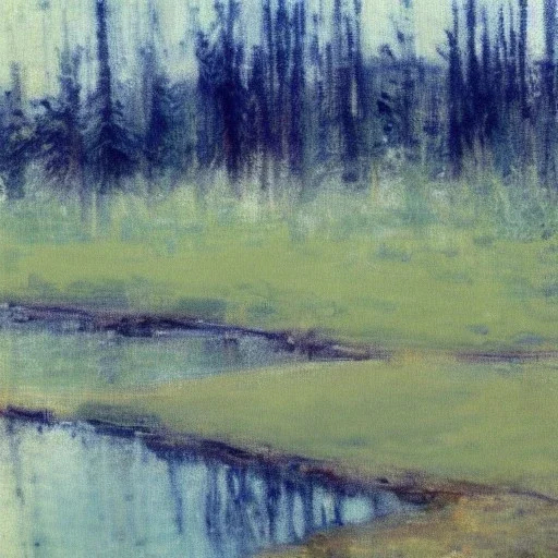 twachtman, painting, pine trees, swamp, hills, photo realistic