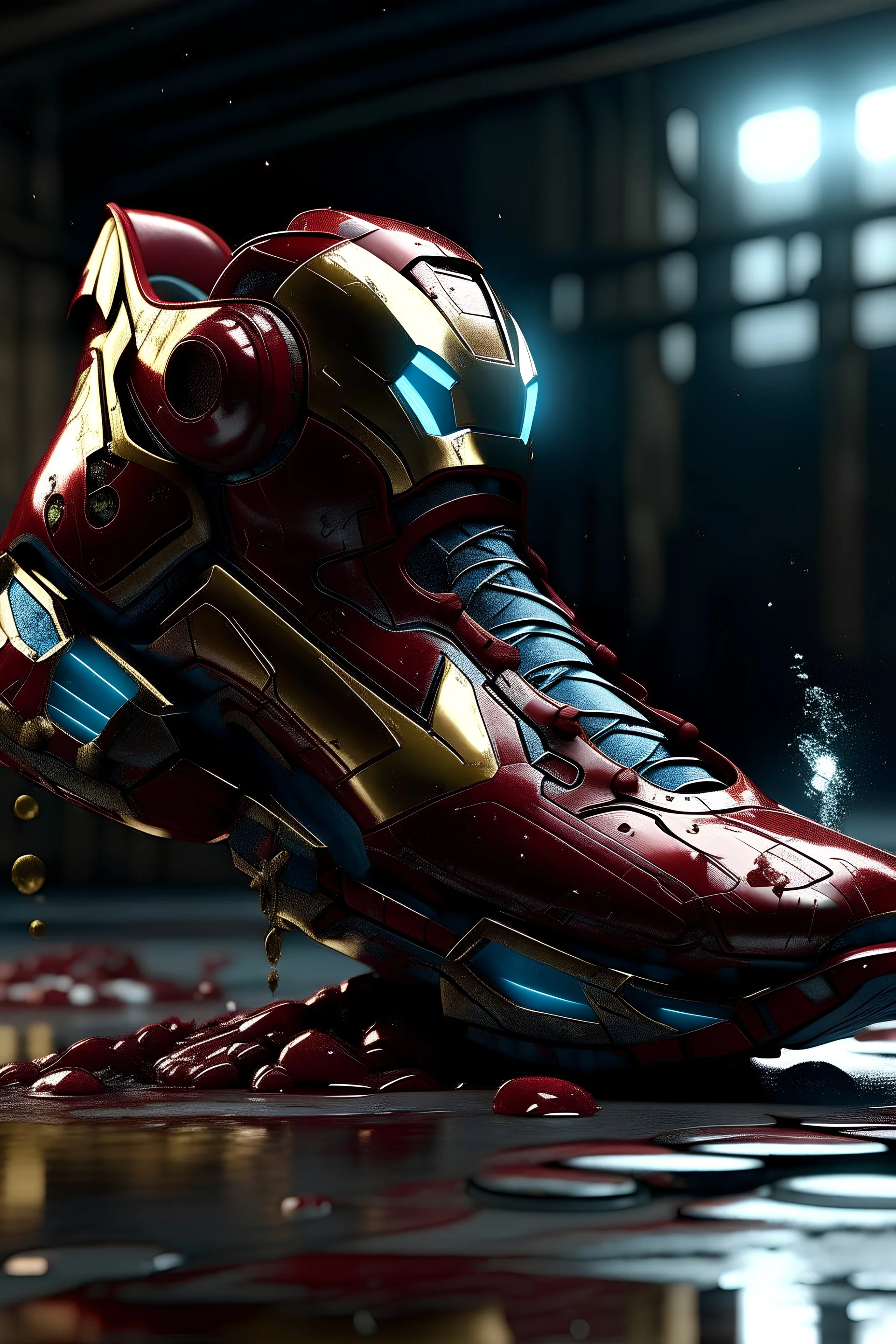 Photoreal luxury gorgeous Iron Man Nike shoes by Yamamoto, Kenzo, futuristic, ink splash, 8k, high detail, smooth render, unreal engine 5, cinema 4d, HDR, dust effect, vivid colors