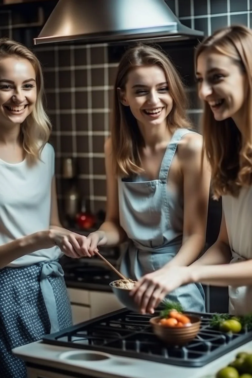 photo quality. 3 lightly dressed smiling young women cooking a recipe in the kitchen.