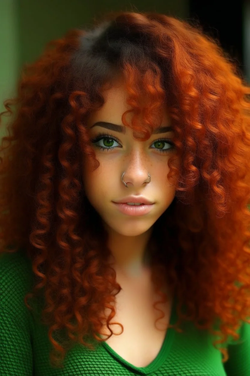 Mixed girl long curly reddish Orenge hair dark green eyes