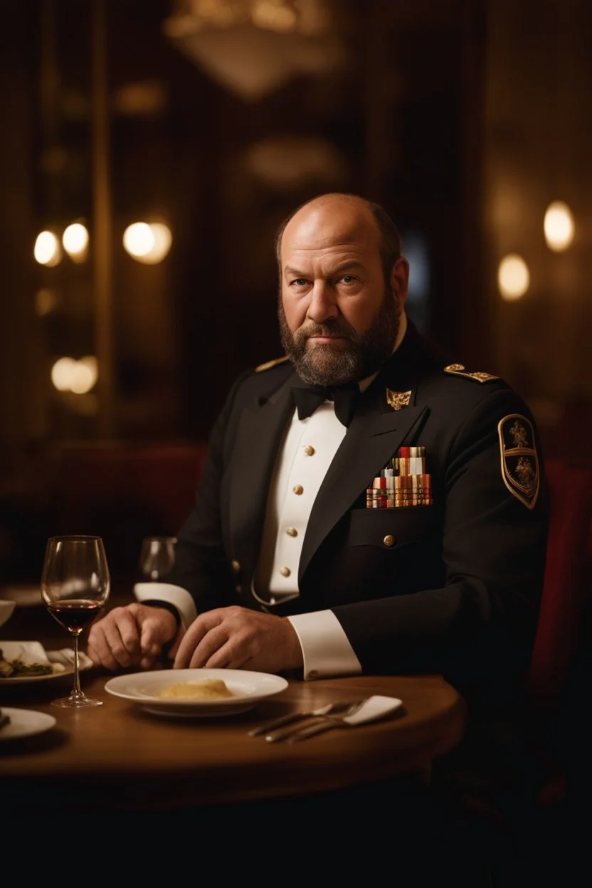 half figure shot photography of a 42 years old serious sicilian waiter in uniform, similar to Bud Spencer, shaved hair, muscular bearded chubby man with hands in the pockets, in an elegant empty restaurant, bulge, bullneck, manly chest, unshaved, short hair, photorealistic, dim light , side light, view from the ground