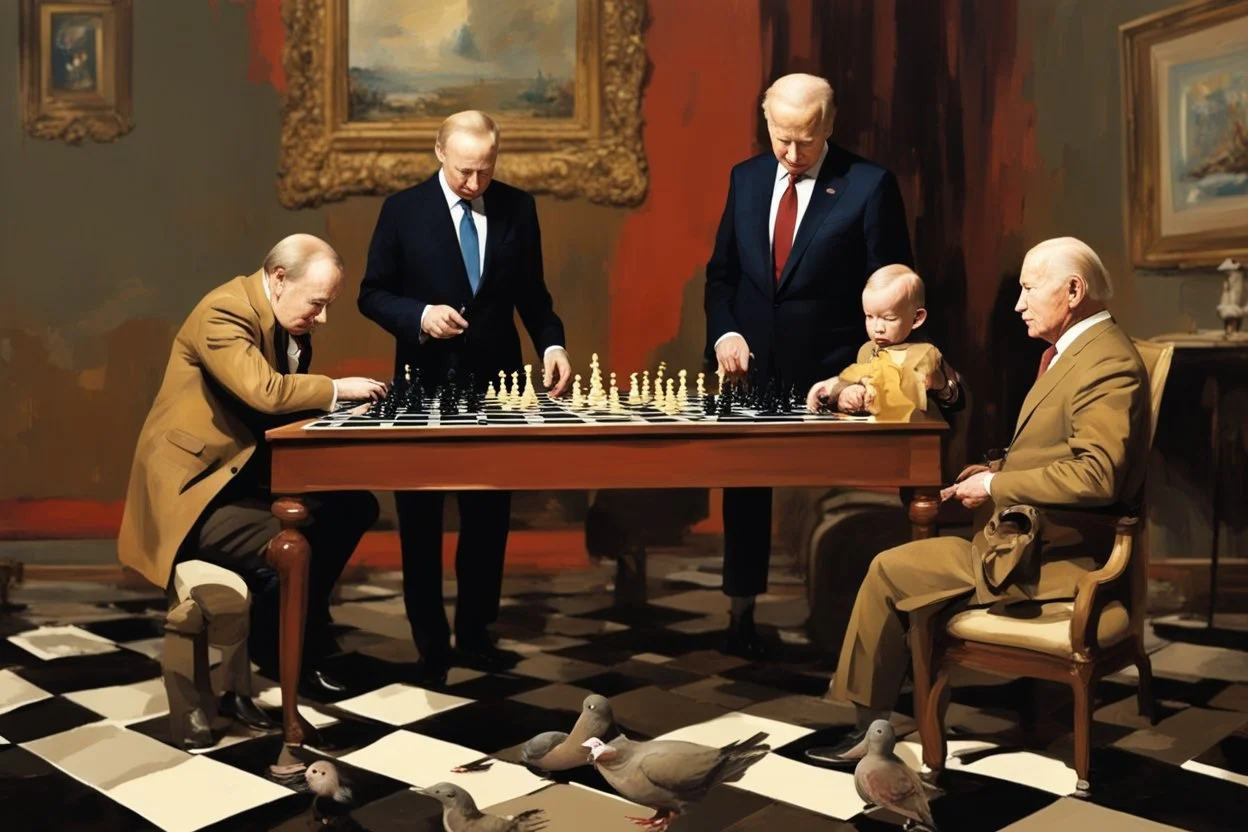 Putin, President Xi Of China And Joe Biden Play Chess With A Pigeon,Ufo And Atomic Bomb Mushroom Cloud,Complex Surgical Instruments Intermixed With A Newborn Boy,Minimalist composition,Painting By Adrian Ghenie,Rene Magritte,Pablo Picasso,Michelangelo,Salvador Dali,Lucian Freud