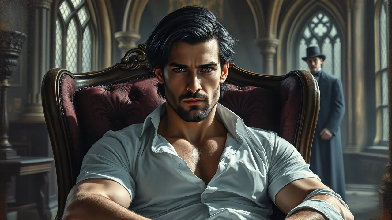 An epic dark fantasy oil painting of a handsome muscular nobleman seated in a luxurious Victorian armchair inside an ancient Gothic castle. Around 35 years old, with dark shoulder-length hair, a strong jawline, subtle beard, and piercing eyes locked directly on the viewer. His white shirt hangs partially open , in the background in victorian dress a vampire voman' blur shadow stands, deep colors, detalied, mystic, stunning