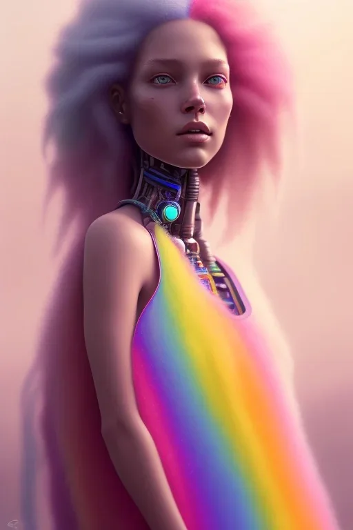 girl, cute, beautiful, long curly hair, soft pastel rainbow hair, rainbow dress,robotic, african factions close up portrait by Greg Rutkowski