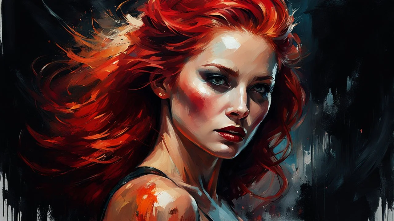 muscular stunning tall russian woman 24yo with red hair pulled back, in a Halloween pinup poster : dark mysterious esoteric atmosphere :: digital matt painting with rough paint strokes by Jeremy Mann + Carne Griffiths + Leonid Afremov, black canvas, dramatic shading