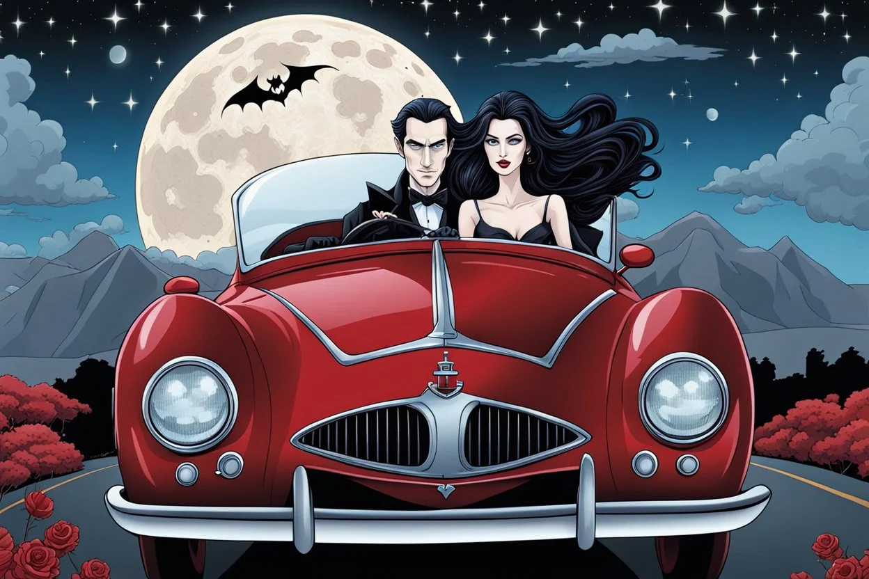 close up illustration from a surreal comics caracter vampire couple (pale skin, dark hair, black-dark red nice gothic clohts) riding a sport coupe car, driving toward you in Summer night,they looking at camera, Tim Burtron and El Kazovszkij style , blue sky with moon and stars. They driving down a surrreal crepy stunning scenic , surrounded by black trees siluette, high detailed, cold silver and dark colors, intricate details, beautifull shot, pale lights, surreal mood, anime, cinematic