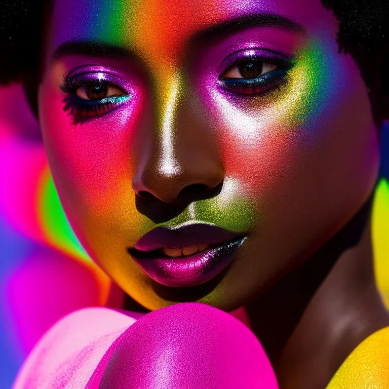 masterpiece, best quality, woman, dark skinned, sparkling eyes, fluorescent skin, colorful makeup, afro, highly detailed body, sun light, 4K, RAW, depth of field, high contrast, realistic details, 24mm