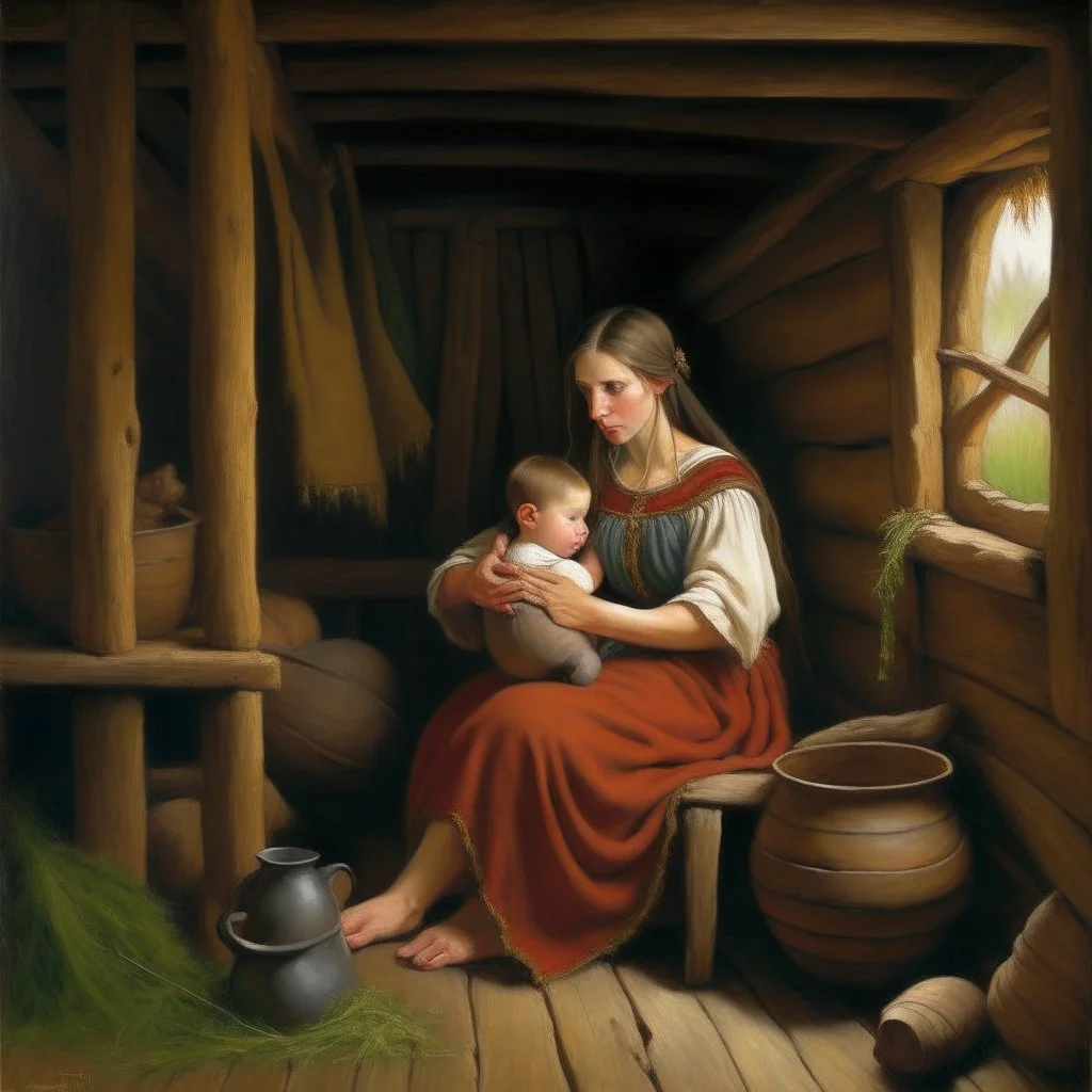 a medieval woman breastfeeding a man in a shed, oil painting,