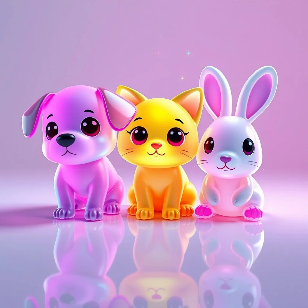 Adorable colored translucent 3D trio — a small dog, a cat, and a rabbit — in cute chibi proportions, made of glowing jelly-like glass material, soft pastel and neon color gradients, big expressive eyes, sparkles and light particles floating around them. Playful studio lighting, soft shadows on a reflective surface, Pixar-style render, cinema 4D, redshift, ultra-detailed, 4k.