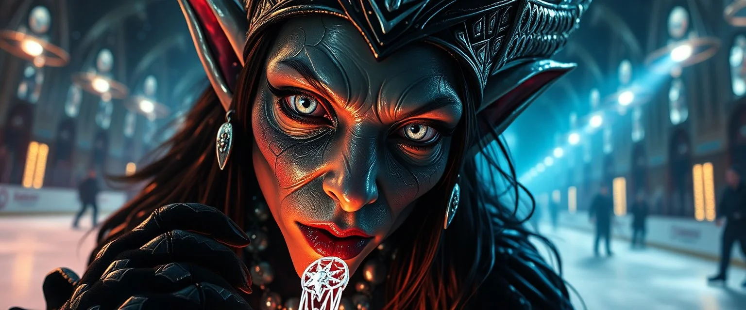 close up portrait of shiny ice queen dark elf with magical aura hockey staff, pin hole cam, master oil painting by Rembrandt, d&d glam rock and glitter vampire gremlin illithid and lich playing hockey in ice skating hall or church, in the style of giger and escher, sci fi with floating little saucers