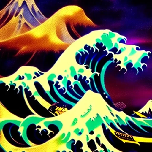 The great wave of kanagawa painted with clouds of colours,ystical colors ,perfectly centered image, perfect composition, rim light, beautiful lighting,masterpiece ,8k, stunning scene, raytracing, anatomically correct, in the style of Simon Bisley and Ohrai Noriyoshi and robert e howard and Steve Jung and Wizyakuza and uncannyknack